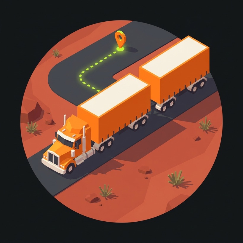 Isometric Australian road train on an outback highway with a live GPS route