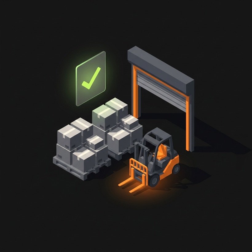 Isometric warehouse loading dock where a consignment is booked and loaded