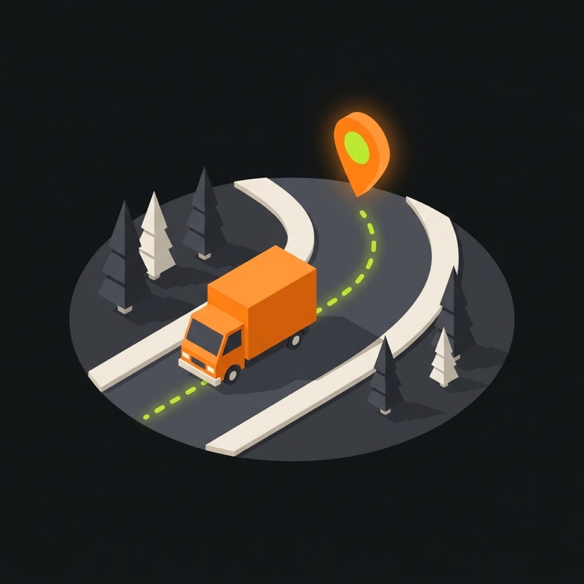 Isometric delivery truck on the road with a live GPS route and map pin