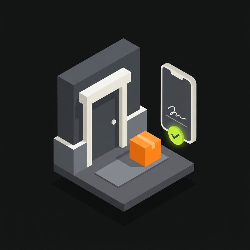 Isometric doorstep delivery with sign on glass proof of delivery on a phone